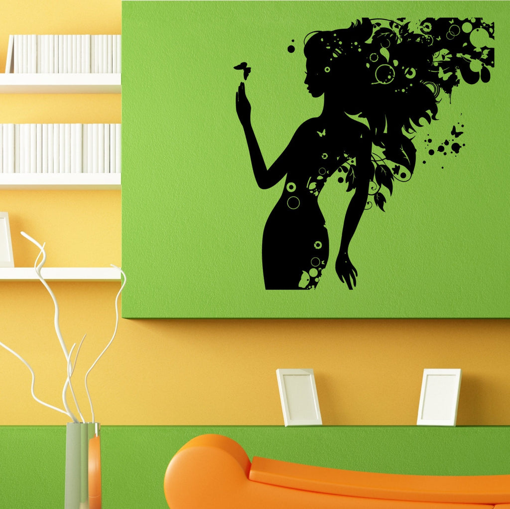Woman Girl With Butterfly Floral Hair Wall Sticker Vinyl Mural Decal Home House Apartment Art Decor FREE SHIPPING L090