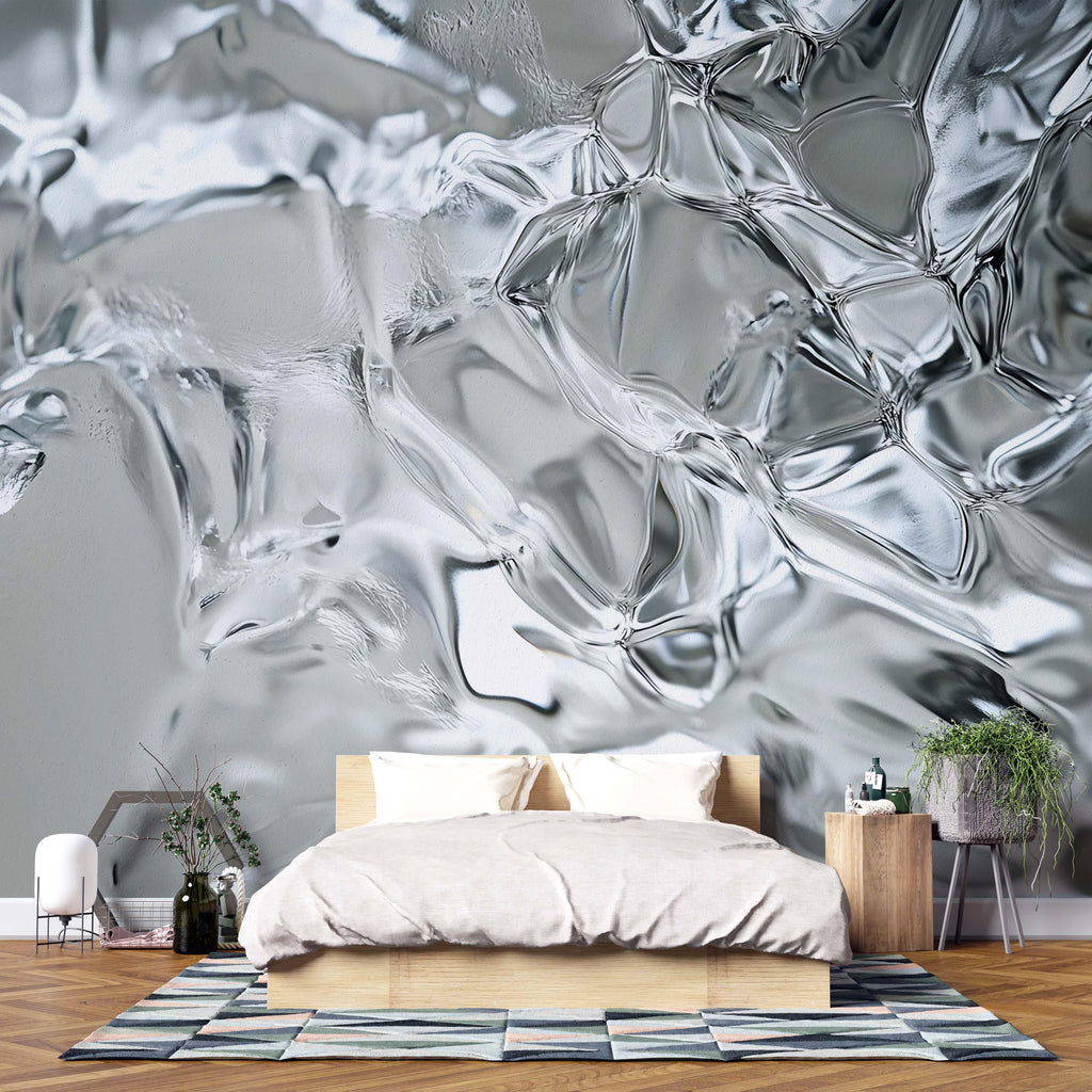 3D Metallic Ice Texture Wallpaper Mural For Bedroom Or Living Room | Stylish Modern Wall Decor | Abstract Shiny Glass Wall Art