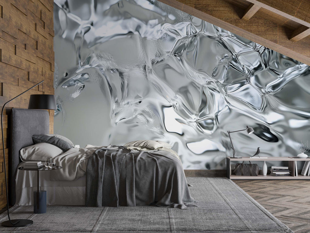 3D Metallic Ice Texture Wallpaper Mural For Bedroom Or Living Room | Stylish Modern Wall Decor | Abstract Shiny Glass Wall Art