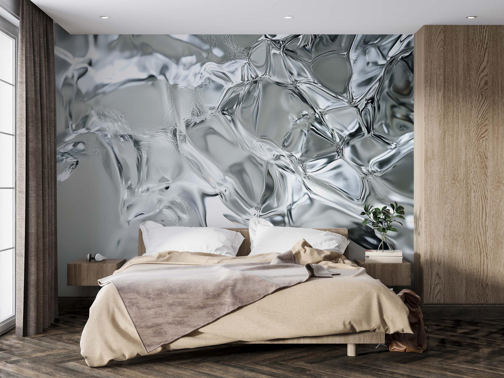 3D Metallic Ice Texture Wallpaper Mural For Bedroom Or Living Room | Stylish Modern Wall Decor | Abstract Shiny Glass Wall Art