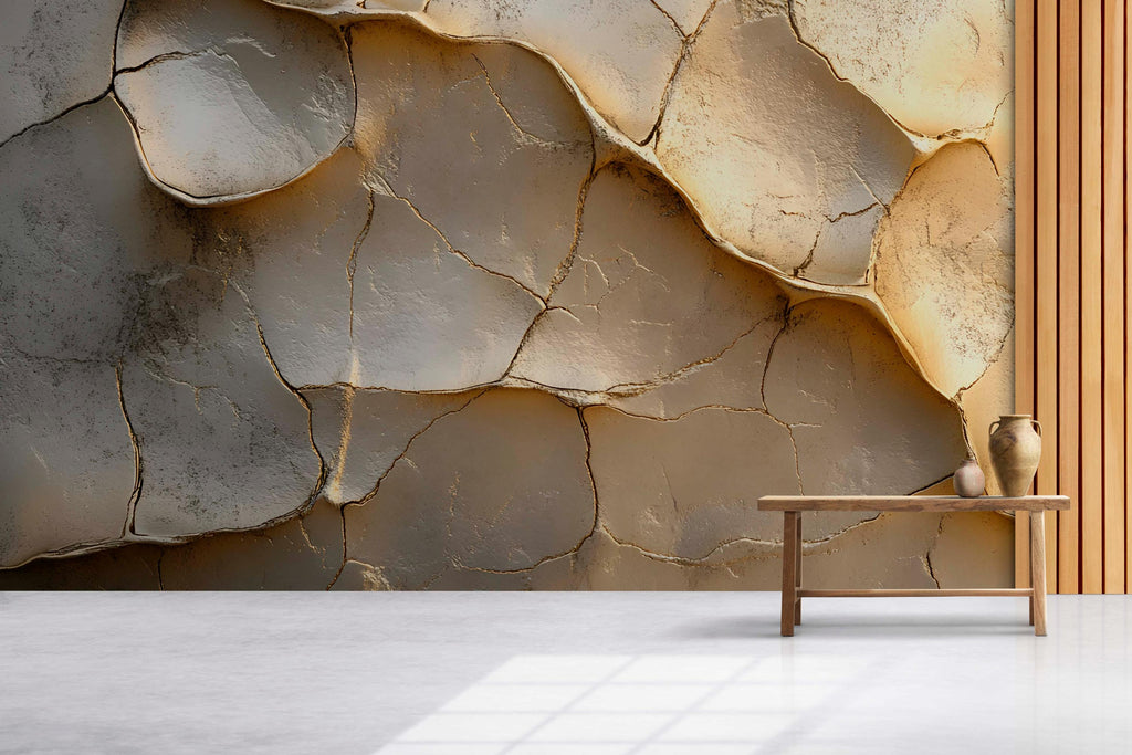 3D Cracked Clay Texture Wallpaper Mural In Beige Neutral Tones | Modern Wall Art For Living Room Or Bedroom | Stylish Earthy 3D Wall Decor