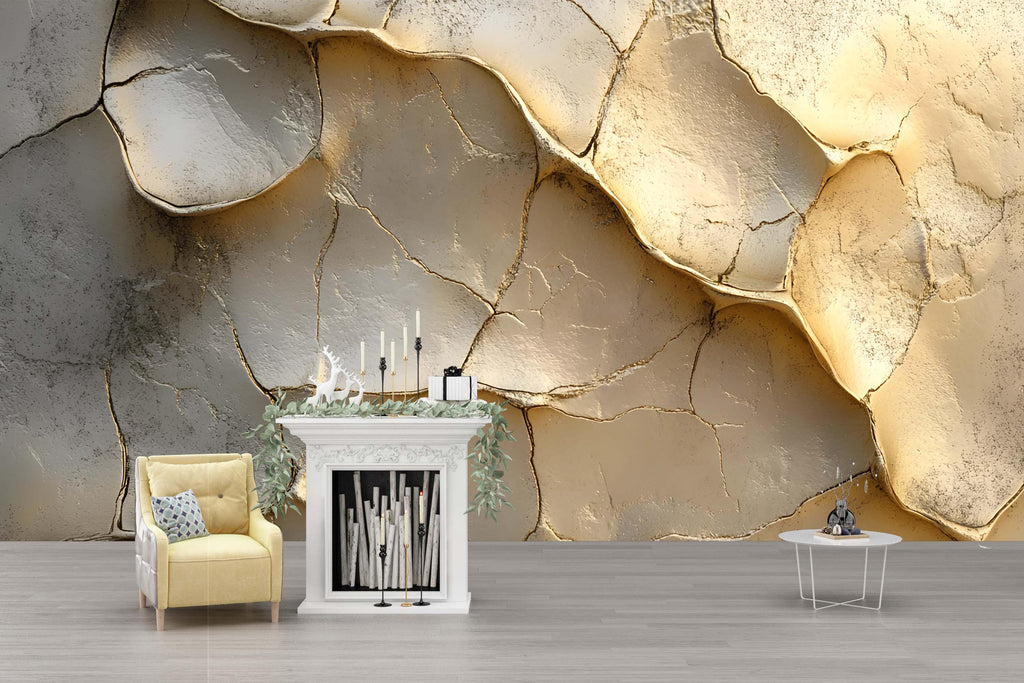 3D Cracked Clay Texture Wallpaper Mural In Beige Neutral Tones | Modern Wall Art For Living Room Or Bedroom | Stylish Earthy 3D Wall Decor