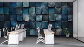 3D Blue Tile Texture Wallpaper Mural | Dark Teal Wall Art For Office Or Studio | Stylish Geometric Modern Decor Wallpaper | Unique Gift