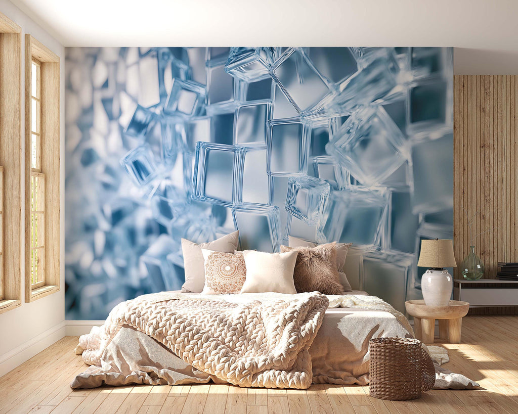 Glass Cube 3D Wallpaper Mural | Modern Blue Ice Block Wall Art For Bedroom Or Studio | Stylish Geometric Decor Wallpaper | Unique Gift