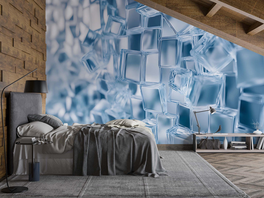 Glass Cube 3D Wallpaper Mural | Modern Blue Ice Block Wall Art For Bedroom Or Studio | Stylish Geometric Decor Wallpaper | Unique Gift