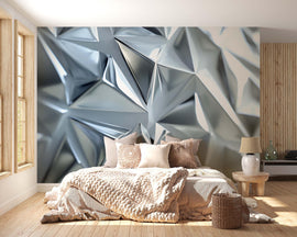 Silver Faceted 3D Wallpaper Mural | Modern Geometric Wall Decor With Metallic Crystal Texture | Abstract Luxury Bedroom Accent | Stylish