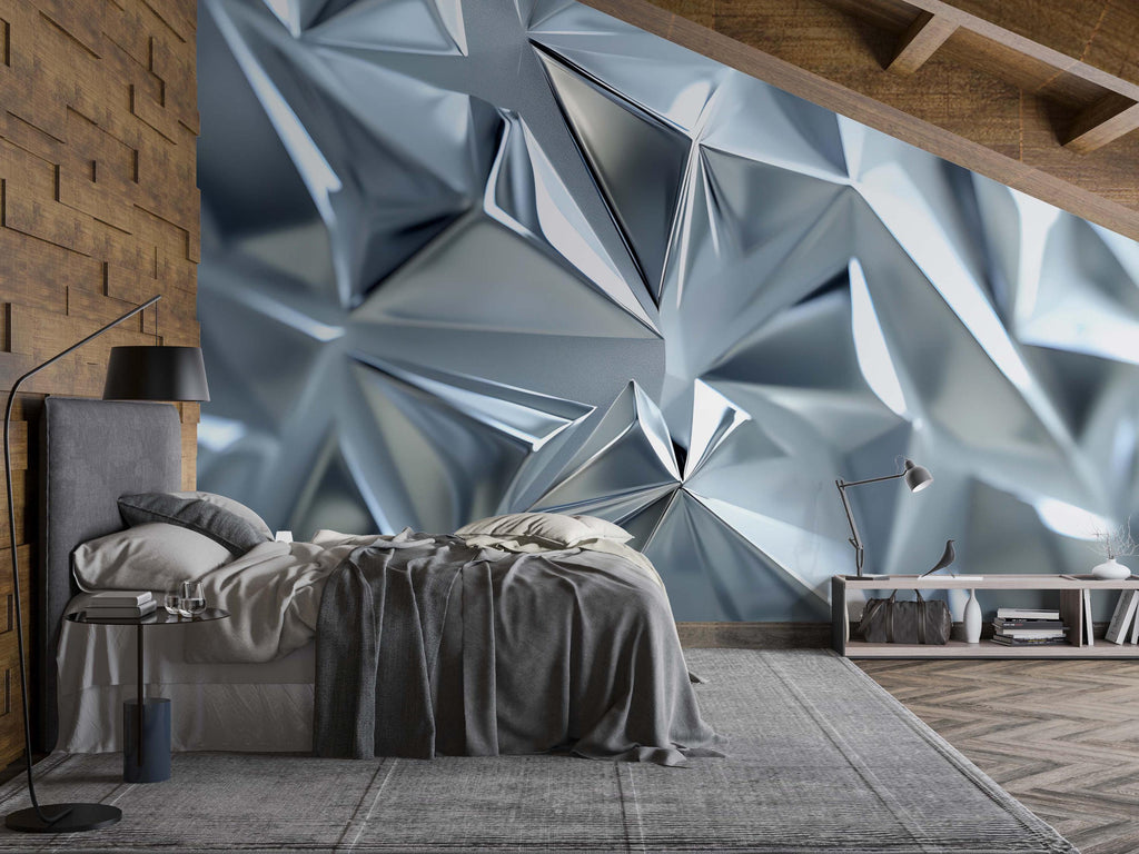 Silver Faceted 3D Wallpaper Mural | Modern Geometric Wall Decor With Metallic Crystal Texture | Abstract Luxury Bedroom Accent | Stylish