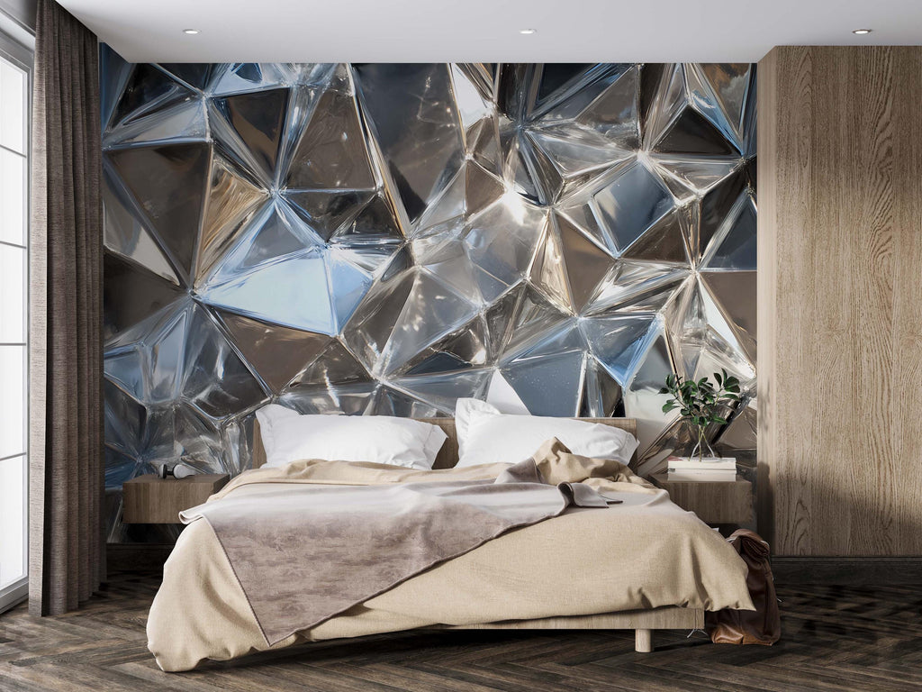 Chrome Faceted 3D Wallpaper Mural | Silver Geometric Wall Decor With Metallic Polygon Texture | Modern Luxury Bedroom Accent | Stylish