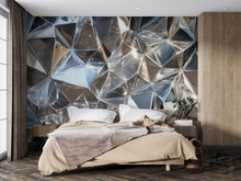 Load image into Gallery viewer, Chrome Faceted 3D Wallpaper Mural | Silver Geometric Wall Decor With Metallic Polygon Texture | Modern Luxury Bedroom Accent | Stylish