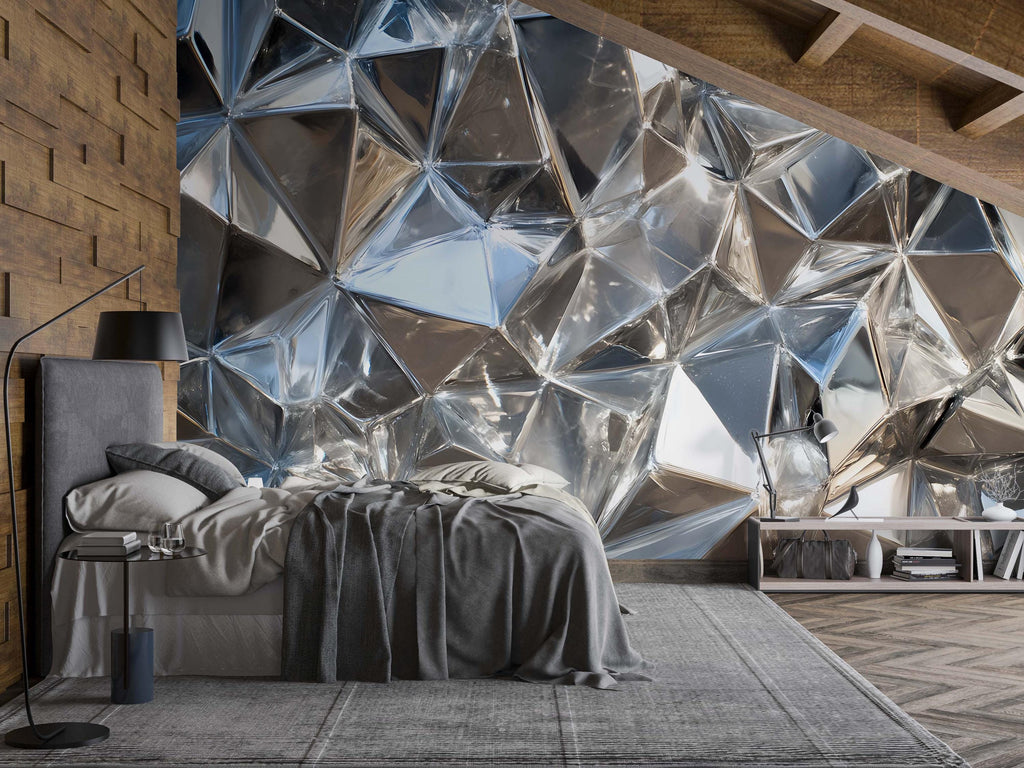 Chrome Faceted 3D Wallpaper Mural | Silver Geometric Wall Decor With Metallic Polygon Texture | Modern Luxury Bedroom Accent | Stylish