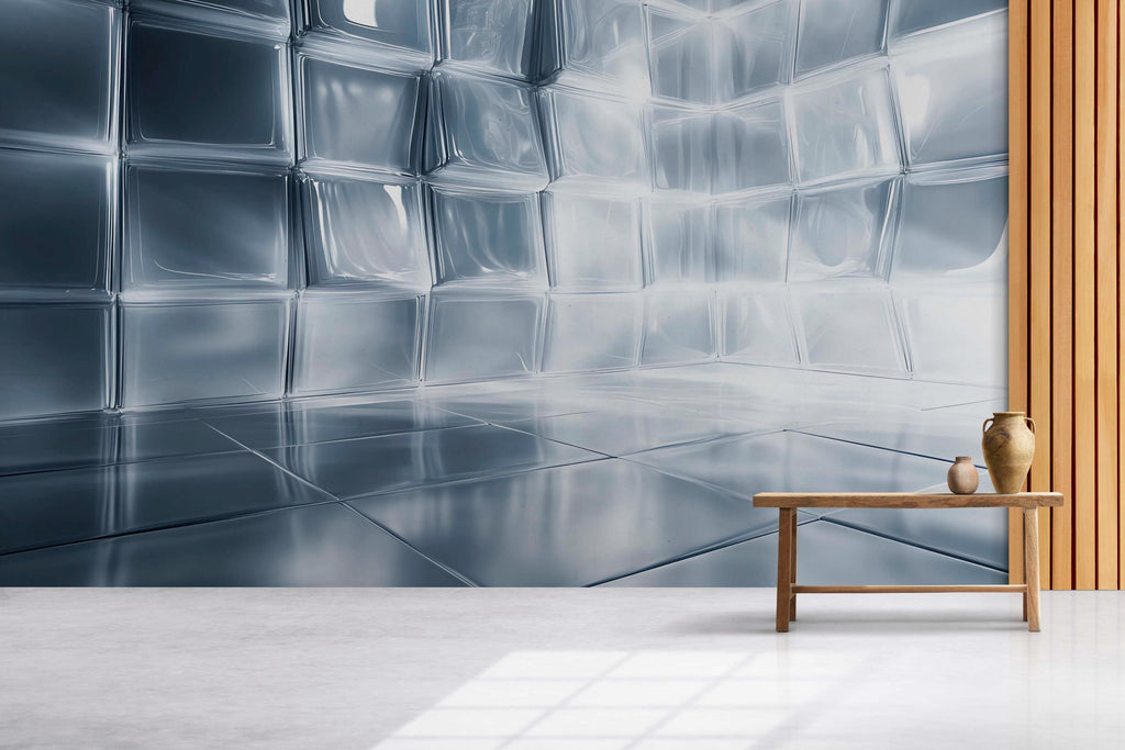 Chrome Faceted 3D Wallpaper Mural | Silver Geometric Wall Decor With Metallic Polygon Texture | Modern Luxury Bedroom Accent | Stylish