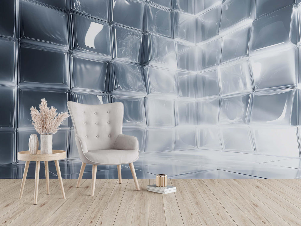 Chrome Faceted 3D Wallpaper Mural | Silver Geometric Wall Decor With Metallic Polygon Texture | Modern Luxury Bedroom Accent | Stylish