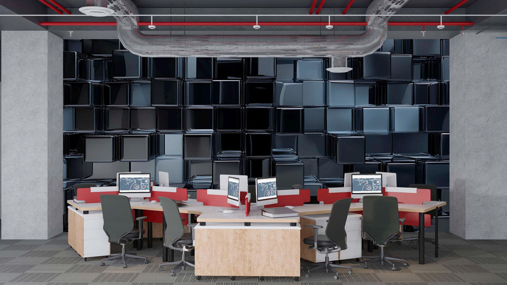 3D Glossy Black Cube Wallpaper Mural | Modern Textured Wall Art For Office Or Home | Stylish Geometric Design | Peel And Stick Or Non-Woven