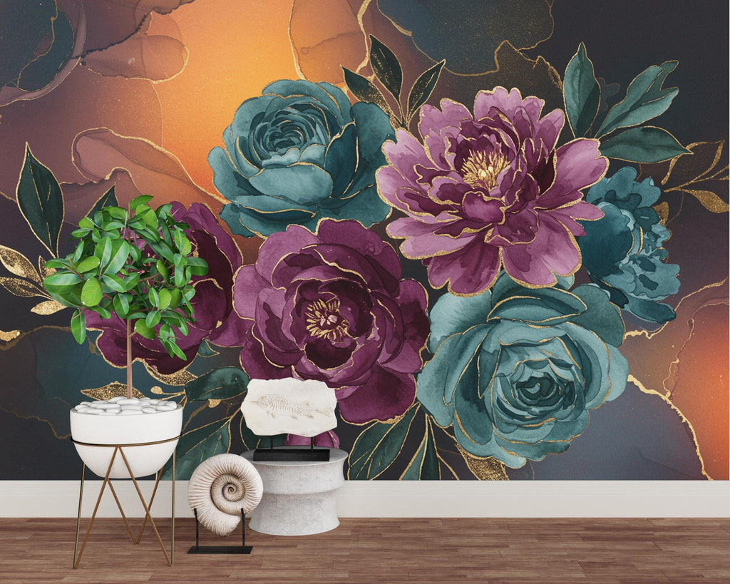 Dramatic Oversized Watercolor Floral Mural – Plum & Midnight Peonies Roses with Gold Foil | Luxury Dark Botanical Wallpaper wall Mural 765RS