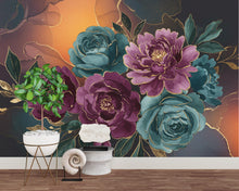 Load image into Gallery viewer, Dramatic Oversized Watercolor Floral Mural – Plum &amp; Midnight Peonies Roses with Gold Foil | Luxury Dark Botanical Wallpaper wall Mural 765RS