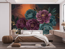 Load image into Gallery viewer, Dramatic Oversized Watercolor Floral Mural – Plum &amp; Midnight Peonies Roses with Gold Foil | Luxury Dark Botanical Wallpaper wall Mural 765RS