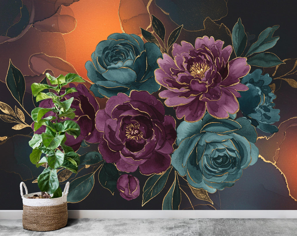 Dramatic Oversized Watercolor Floral Mural – Plum & Midnight Peonies Roses with Gold Foil | Luxury Dark Botanical Wallpaper wall Mural 765RS
