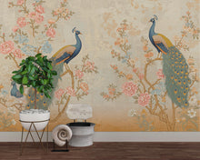 Load image into Gallery viewer, Chinoiserie Cherry Blossom Wall Mural – Pastel Peacocks &amp; Exotic Birds with Antique Gold | Luxury Silk-Textured Wallpaper Wall Mural 767RS