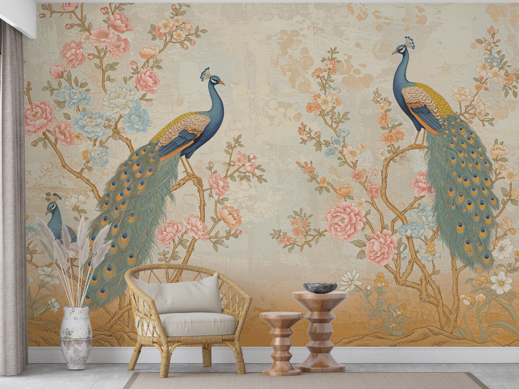 Chinoiserie Cherry Blossom Wall Mural – Pastel Peacocks & Exotic Birds with Antique Gold | Luxury Silk-Textured Wallpaper Wall Mural 767RS