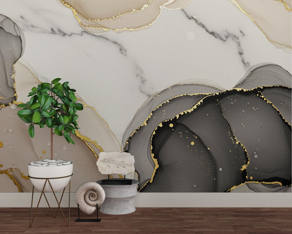 Modern Art Deco Geometric 1920s Wallpaper – Cream & Black with Gold Accents | Marble Effect Luxury Wall Mural Wallpaper 768RS