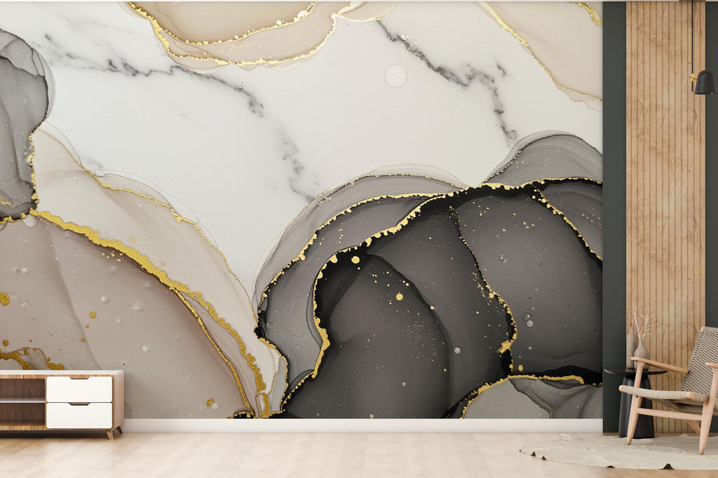 Modern Art Deco Geometric 1920s Wallpaper – Cream & Black with Gold Accents | Marble Effect Luxury Wall Mural Wallpaper 768RS