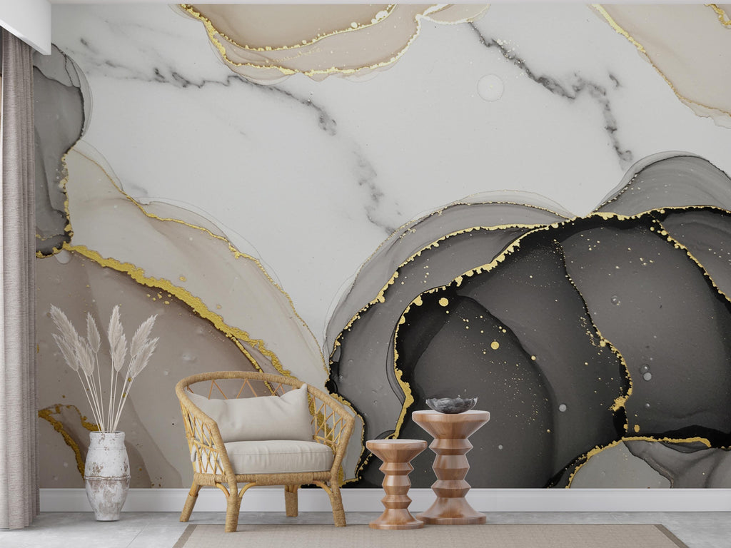 Modern Art Deco Geometric 1920s Wallpaper – Cream & Black with Gold Accents | Marble Effect Luxury Wall Mural Wallpaper 768RS