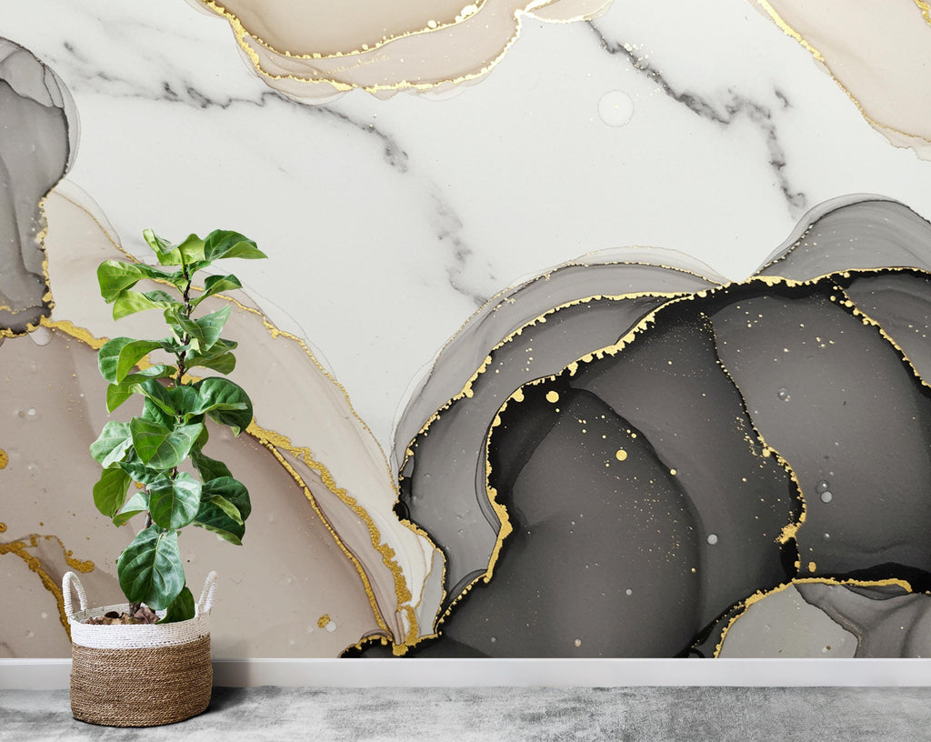 Modern Art Deco Geometric 1920s Wallpaper – Cream & Black with Gold Accents | Marble Effect Luxury Wall Mural Wallpaper 768RS