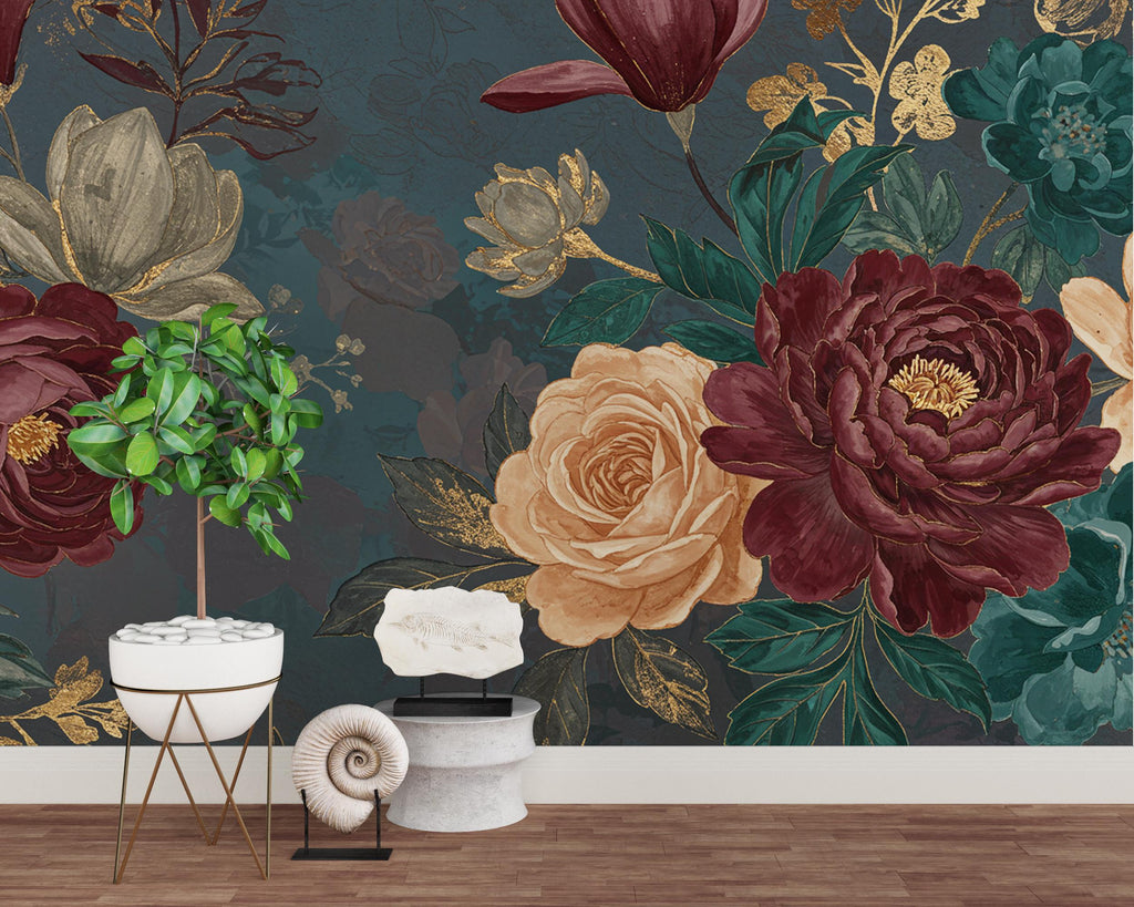 Enchanted Midnight Garden Wall Mural Oversized Jewel Tone Peonies, Roses & Magnolia with Faux Gold Leaf | Luxury Dark Floral Wallpaper 769RS