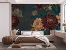 Load image into Gallery viewer, Enchanted Midnight Garden Wall Mural Oversized Jewel Tone Peonies, Roses &amp; Magnolia with Faux Gold Leaf | Luxury Dark Floral Wallpaper 769RS