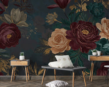 Load image into Gallery viewer, Enchanted Midnight Garden Wall Mural Oversized Jewel Tone Peonies, Roses &amp; Magnolia with Faux Gold Leaf | Luxury Dark Floral Wallpaper 769RS