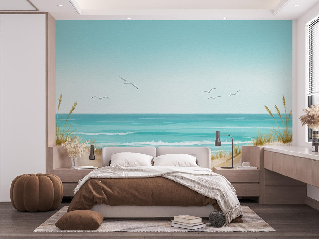 Panoramic Watercolor Seascape Wall Mural – Seagull bird Soft Turquoise Waves, Sandy Dunes & Birds | Coastal Beach House Wallpaper 770RS