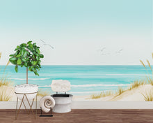 Load image into Gallery viewer, Panoramic Watercolor Seascape Wall Mural – Seagull bird Soft Turquoise Waves, Sandy Dunes &amp; Birds | Coastal Beach House Wallpaper 770RS