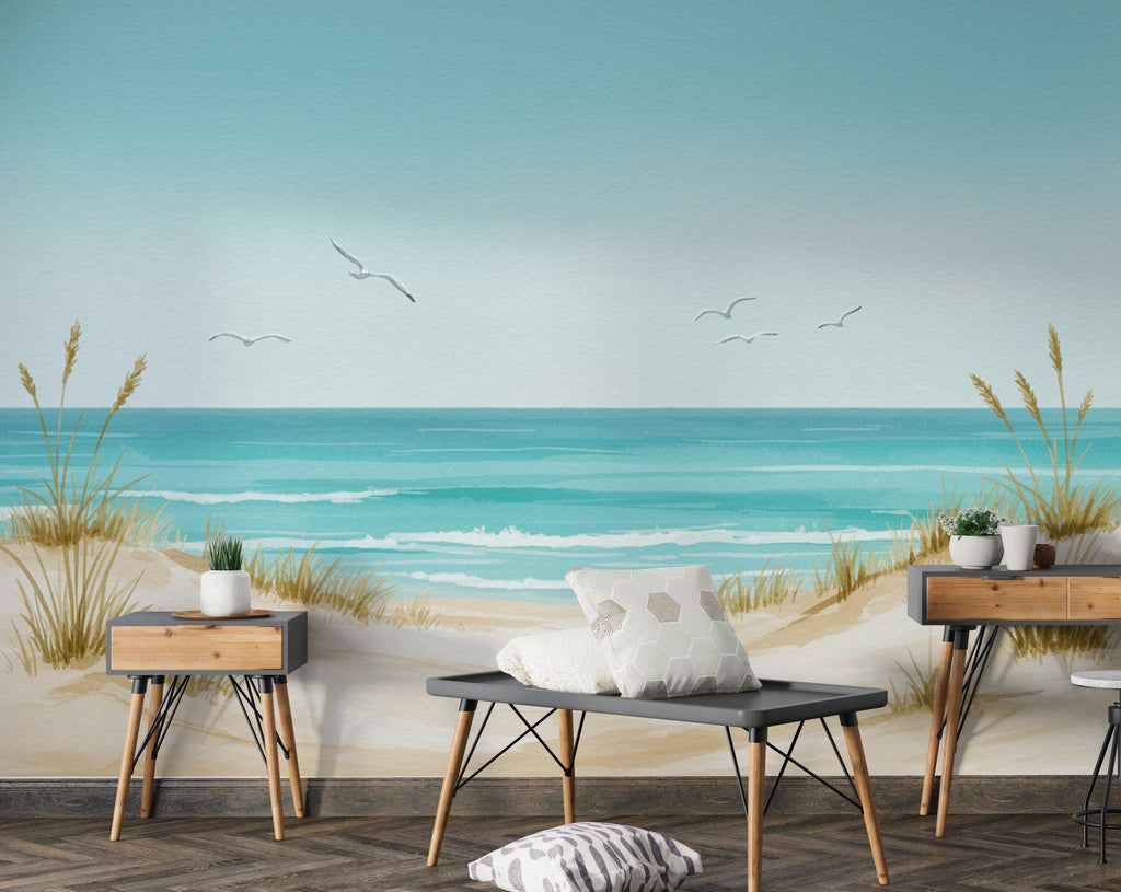 Panoramic Watercolor Seascape Wall Mural – Seagull bird Soft Turquoise Waves, Sandy Dunes & Birds | Coastal Beach House Wallpaper 770RS