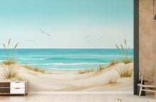 Load image into Gallery viewer, Panoramic Watercolor Seascape Wall Mural – Seagull bird Soft Turquoise Waves, Sandy Dunes &amp; Birds | Coastal Beach House Wallpaper 770RS