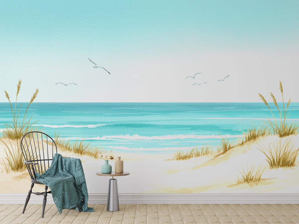 Panoramic Watercolor Seascape Wall Mural – Seagull bird Soft Turquoise Waves, Sandy Dunes & Birds | Coastal Beach House Wallpaper 770RS