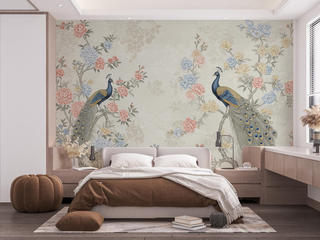 Chinoiserie Cherry Blossom Wall Mural – Pastel Peacocks & Exotic Birds with Antique Gold | Luxury Silk-Textured Wallpaper Wall Mural 771RS