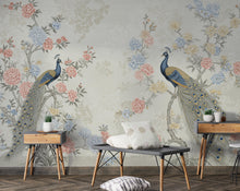 Load image into Gallery viewer, Chinoiserie Cherry Blossom Wall Mural – Pastel Peacocks &amp; Exotic Birds with Antique Gold | Luxury Silk-Textured Wallpaper Wall Mural 771RS
