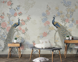 Chinoiserie Cherry Blossom Wall Mural – Pastel Peacocks & Exotic Birds with Antique Gold | Luxury Silk-Textured Wallpaper Wall Mural 771RS
