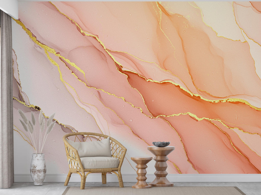 Blush Pink Marble Wallpaper with Gold Veins | Soft Feminine Luxurious Peel and Stick Wall Mural | Modern Chic Bathroom Decor Wallpaper 777RS