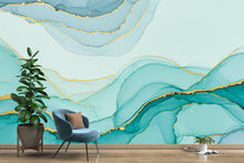 Load image into Gallery viewer, Seafoam Green Watercolor Wave Wallpaper Gold Accents | Abstract Ocean Peel and Stick Wall Mural | Tranquil Luxury Coastal Wallpaper 778RS