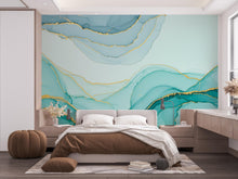 Load image into Gallery viewer, Seafoam Green Watercolor Wave Wallpaper Gold Accents | Abstract Ocean Peel and Stick Wall Mural | Tranquil Luxury Coastal Wallpaper 778RS