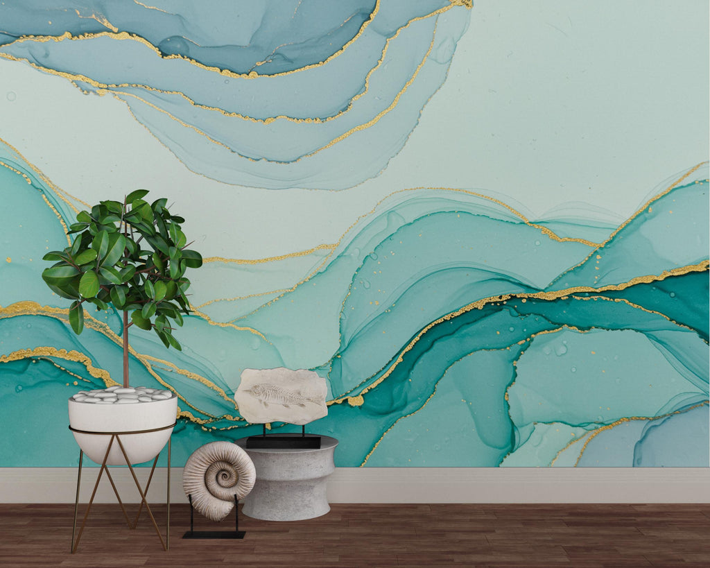Seafoam Green Watercolor Wave Wallpaper Gold Accents | Abstract Ocean Peel and Stick Wall Mural | Tranquil Luxury Coastal Wallpaper 778RS