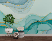 Load image into Gallery viewer, Seafoam Green Watercolor Wave Wallpaper Gold Accents | Abstract Ocean Peel and Stick Wall Mural | Tranquil Luxury Coastal Wallpaper 778RS