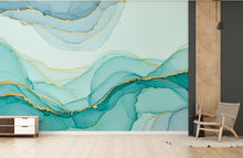 Load image into Gallery viewer, Seafoam Green Watercolor Wave Wallpaper Gold Accents | Abstract Ocean Peel and Stick Wall Mural | Tranquil Luxury Coastal Wallpaper 778RS