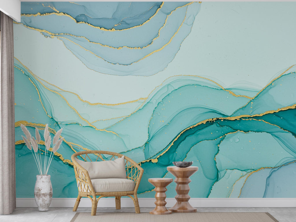 Seafoam Green Watercolor Wave Wallpaper Gold Accents | Abstract Ocean Peel and Stick Wall Mural | Tranquil Luxury Coastal Wallpaper 778RS
