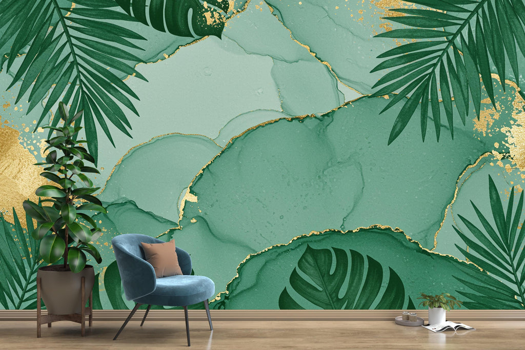 Emerald Palm Leaf Wallpaper with Gold Foil Accents | Luxurious Tropical Peel and Stick Wall Mural | Spa-Inspired Green Bathroom Decor 779RS
