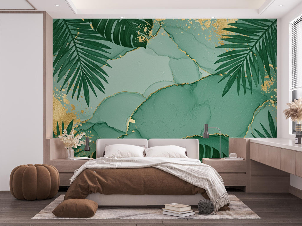 Emerald Palm Leaf Wallpaper with Gold Foil Accents | Luxurious Tropical Peel and Stick Wall Mural | Spa-Inspired Green Bathroom Decor 779RS