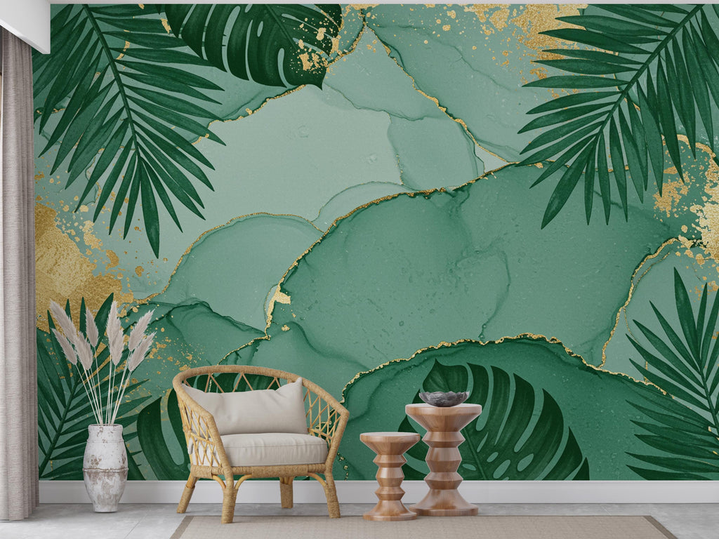 Emerald Palm Leaf Wallpaper with Gold Foil Accents | Luxurious Tropical Peel and Stick Wall Mural | Spa-Inspired Green Bathroom Decor 779RS