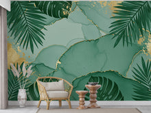 Load image into Gallery viewer, Emerald Palm Leaf Wallpaper with Gold Foil Accents | Luxurious Tropical Peel and Stick Wall Mural | Spa-Inspired Green Bathroom Decor 779RS