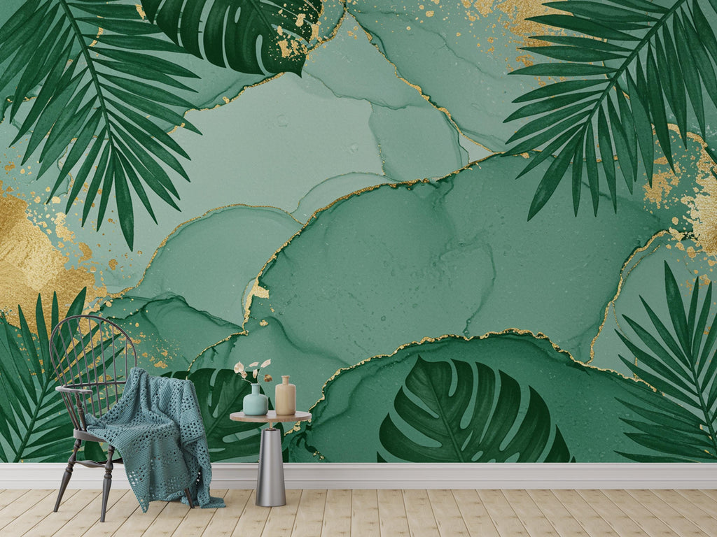 Emerald Palm Leaf Wallpaper with Gold Foil Accents | Luxurious Tropical Peel and Stick Wall Mural | Spa-Inspired Green Bathroom Decor 779RS